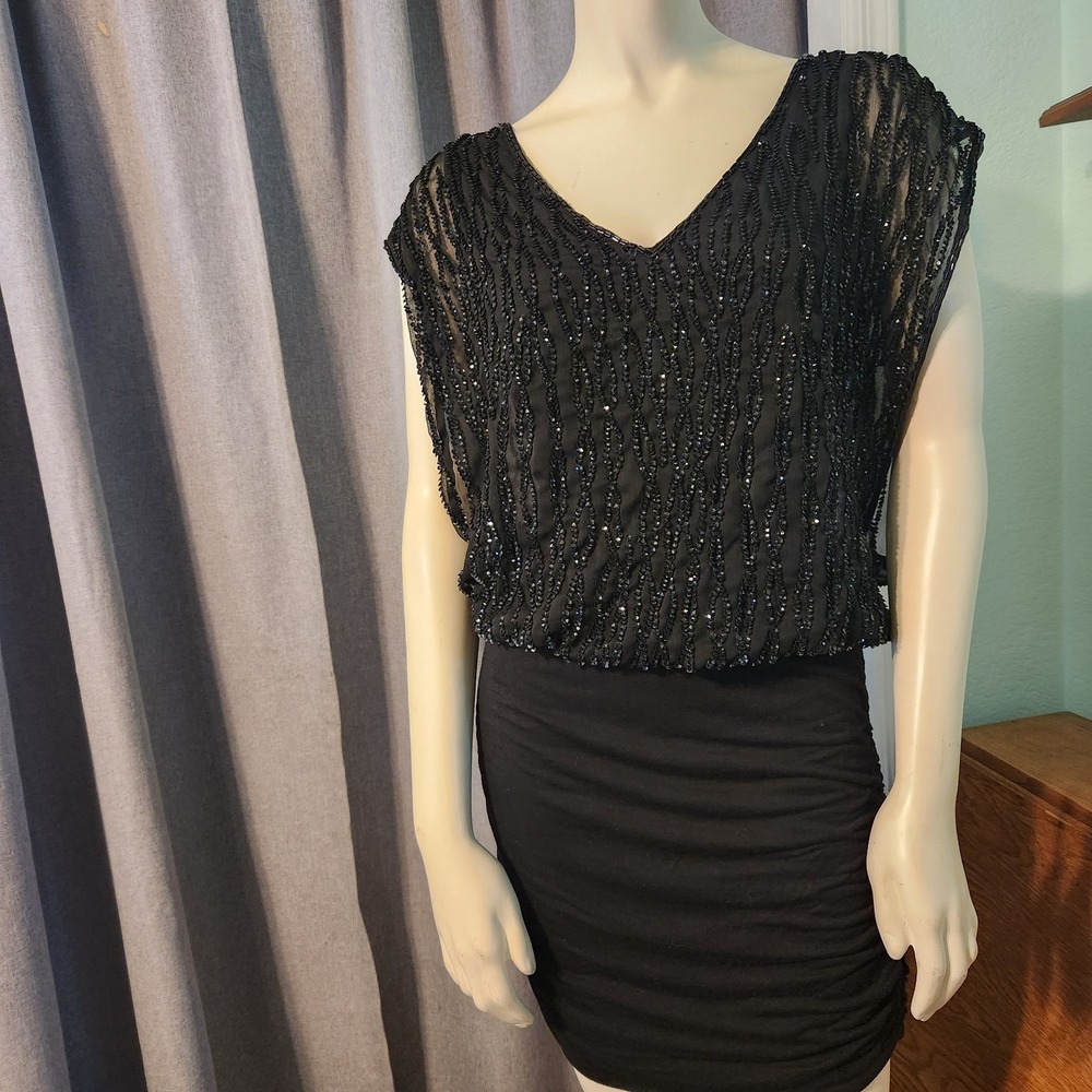 Guess Los Angeles‎ Black Sequin Sheer Mesh Blouson Top Ruched Mini Dress Size L